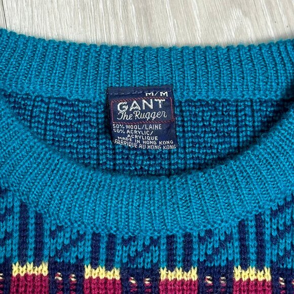 Vintage Gant The Rugger Men's Cable Knit Wool Sweater Teal/Purple/Pink - Medium - Picture 4 of 4